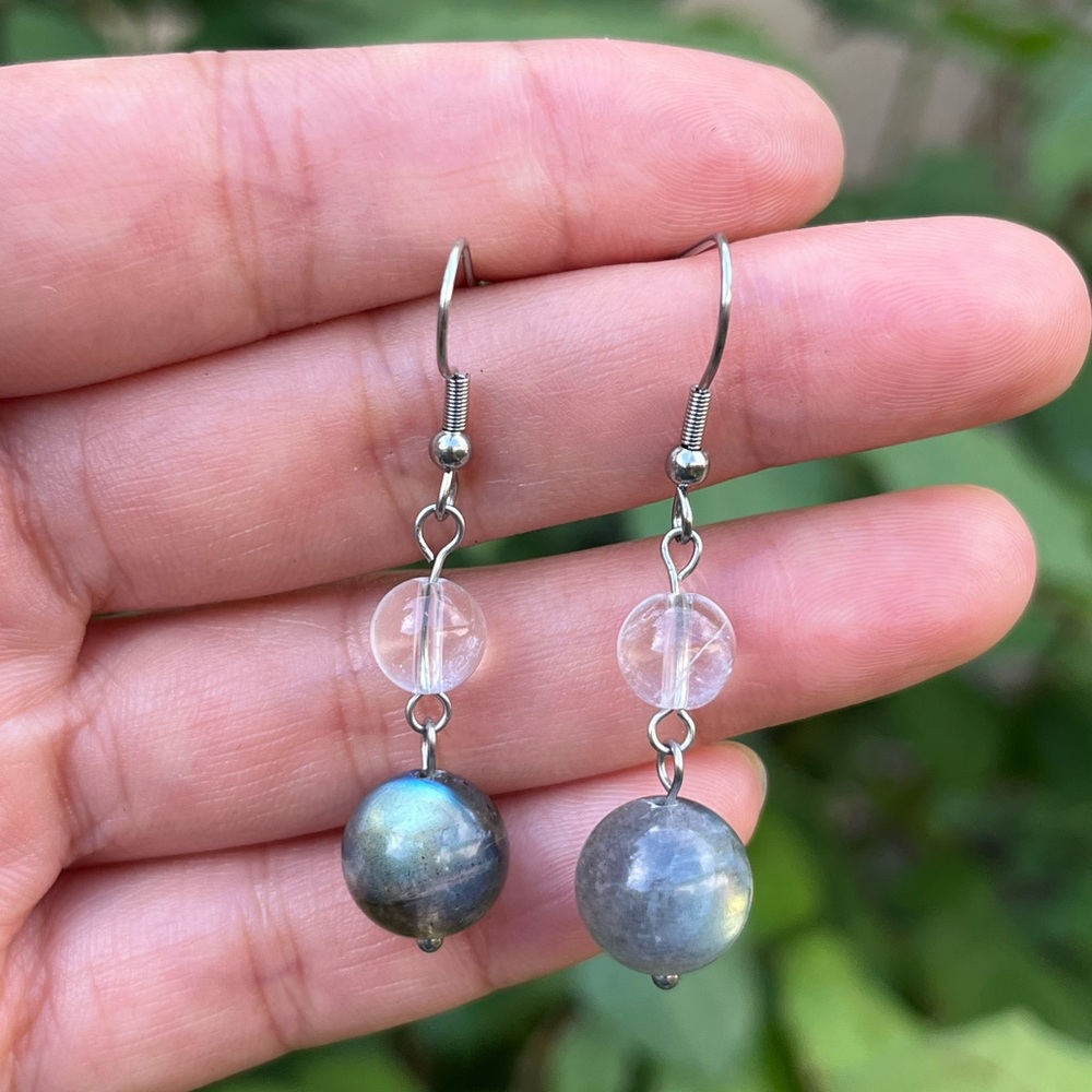 Stainless steel labradorite clear Quartz drop earrings 0432